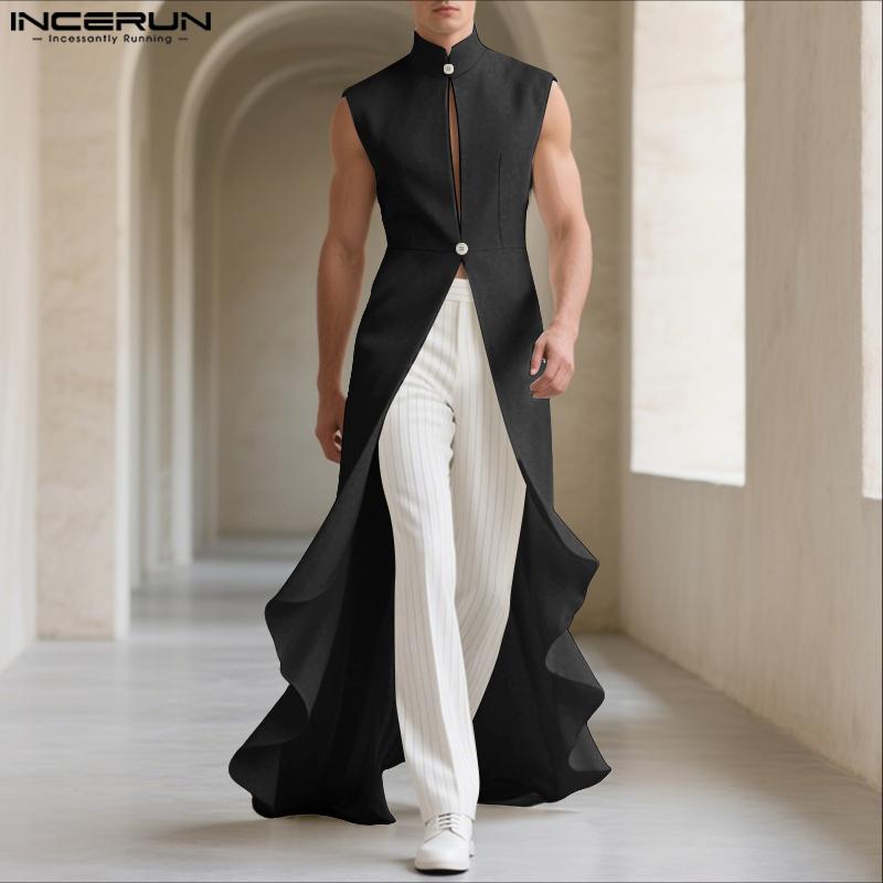 INCERUN Men's Deconstructed Long Solid Vest - Stand Collar & Flounced Hem. Avant-garde yet wearable for elevated daily style