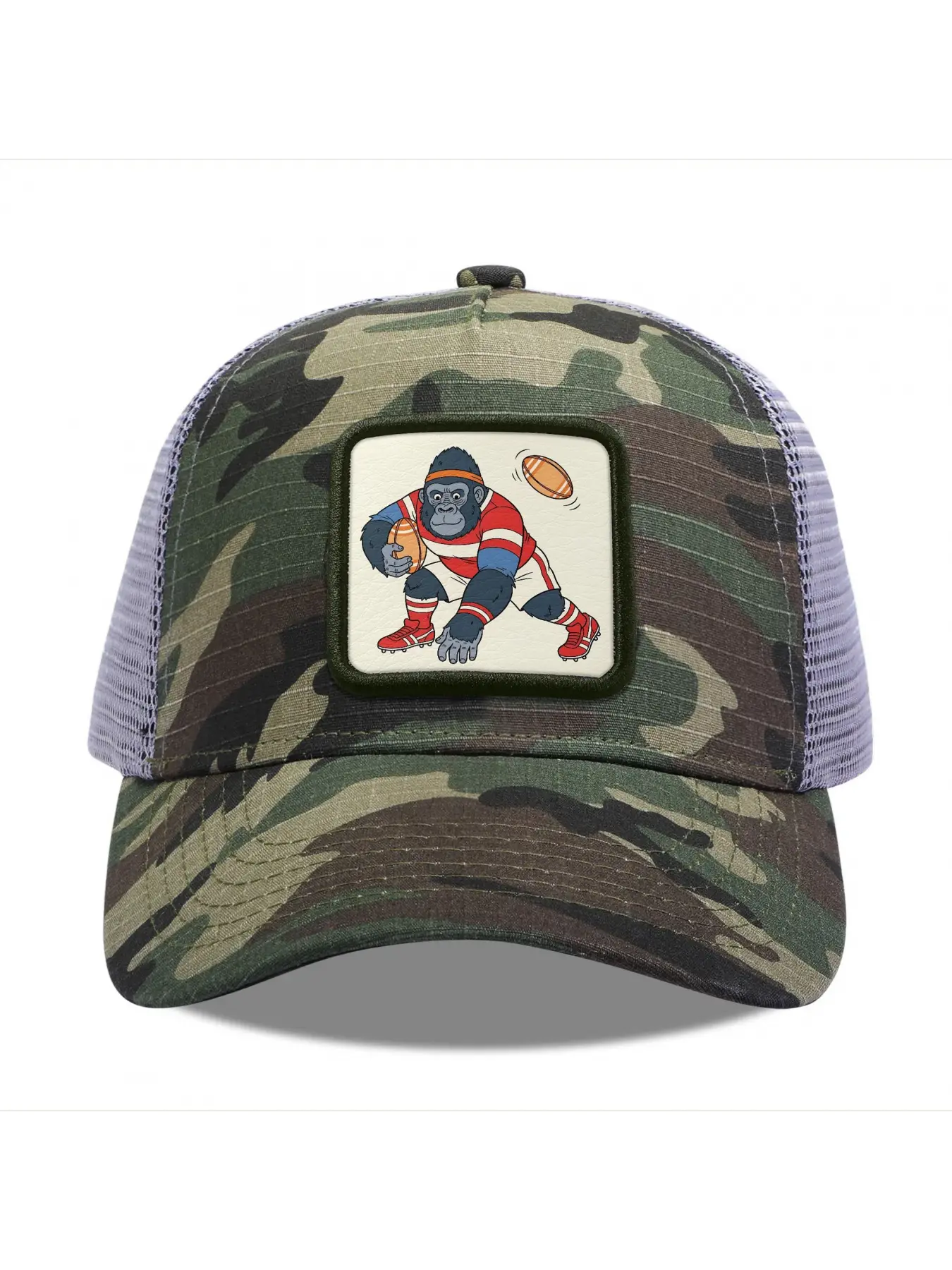Gorilla playing rugby Camouflage Mesh Baseball Cap for Men & Women - Adjustable Snapback Trucker Hat, Breathable Back for Hiking, Fishing, Camping, Golf & Casual Outdoor Attire Camouflage Random