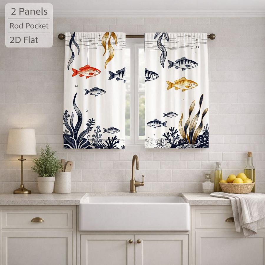 2Pcs Nautical Ocean Fish Seaweed Pattern Sun Blocking Curtains Digital Printed Rod Pocket, Window Treatment For Bedroom Office Kitchen Living Room Study Home Decor