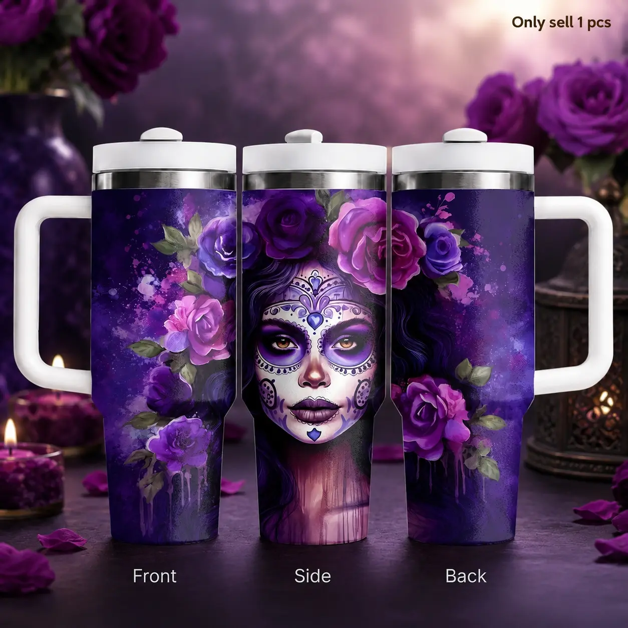 Day Of The Dead Sugar Skull 40oz Insulated Tumbler, Gothic Floral Stainless Steel Travel Cup with Handle and Straw, Artistic Drink Holder for Women Men, Perfect for Coffee, Halloween Events and Cultural Celebration Gift