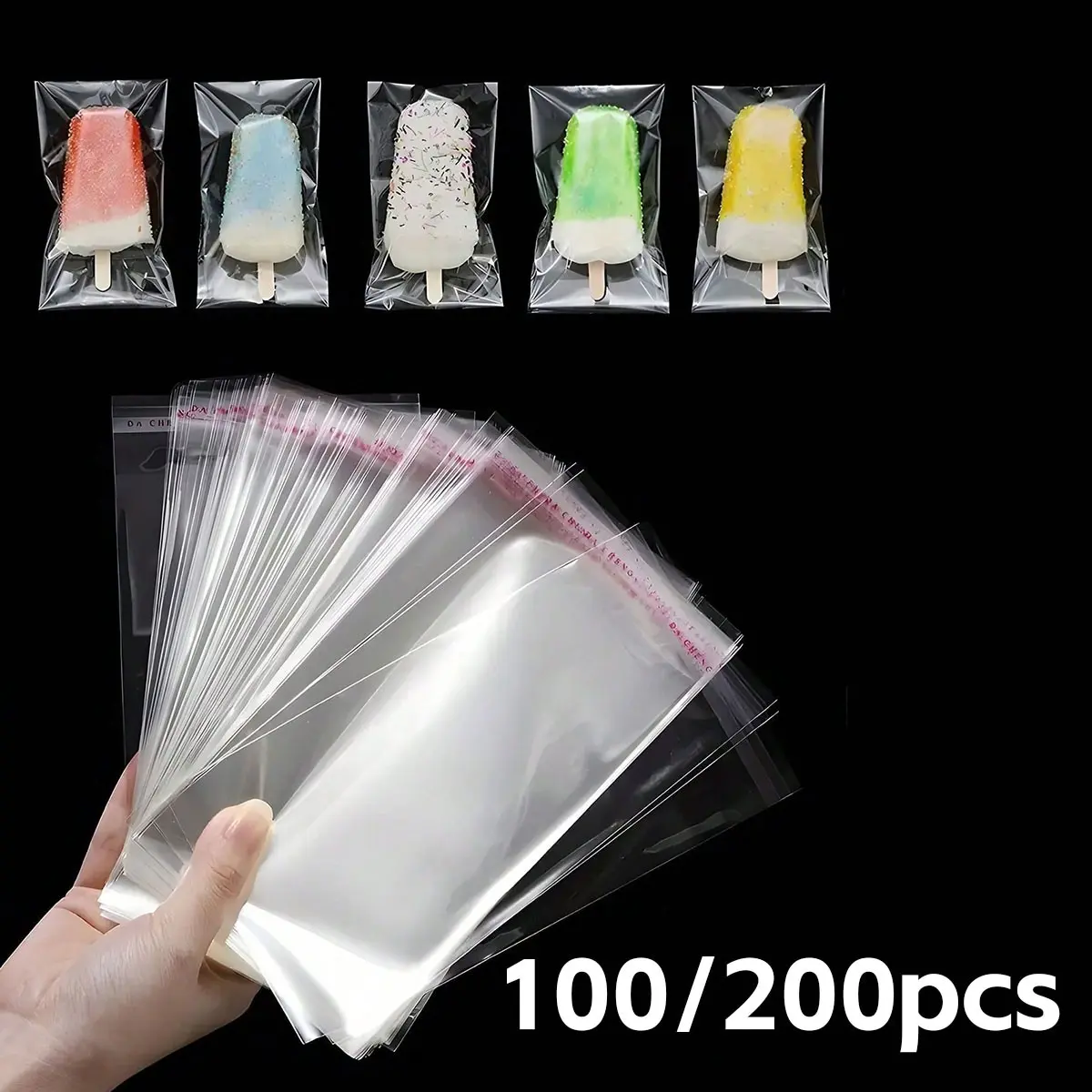 100/200 Opp Transparent Self-Adhesive Plastic Bags, Long Ice Cream Bags, Ideal for Small Accessories, Baking, Keychains, Gifts, Storage, Clear Plastic Bags
