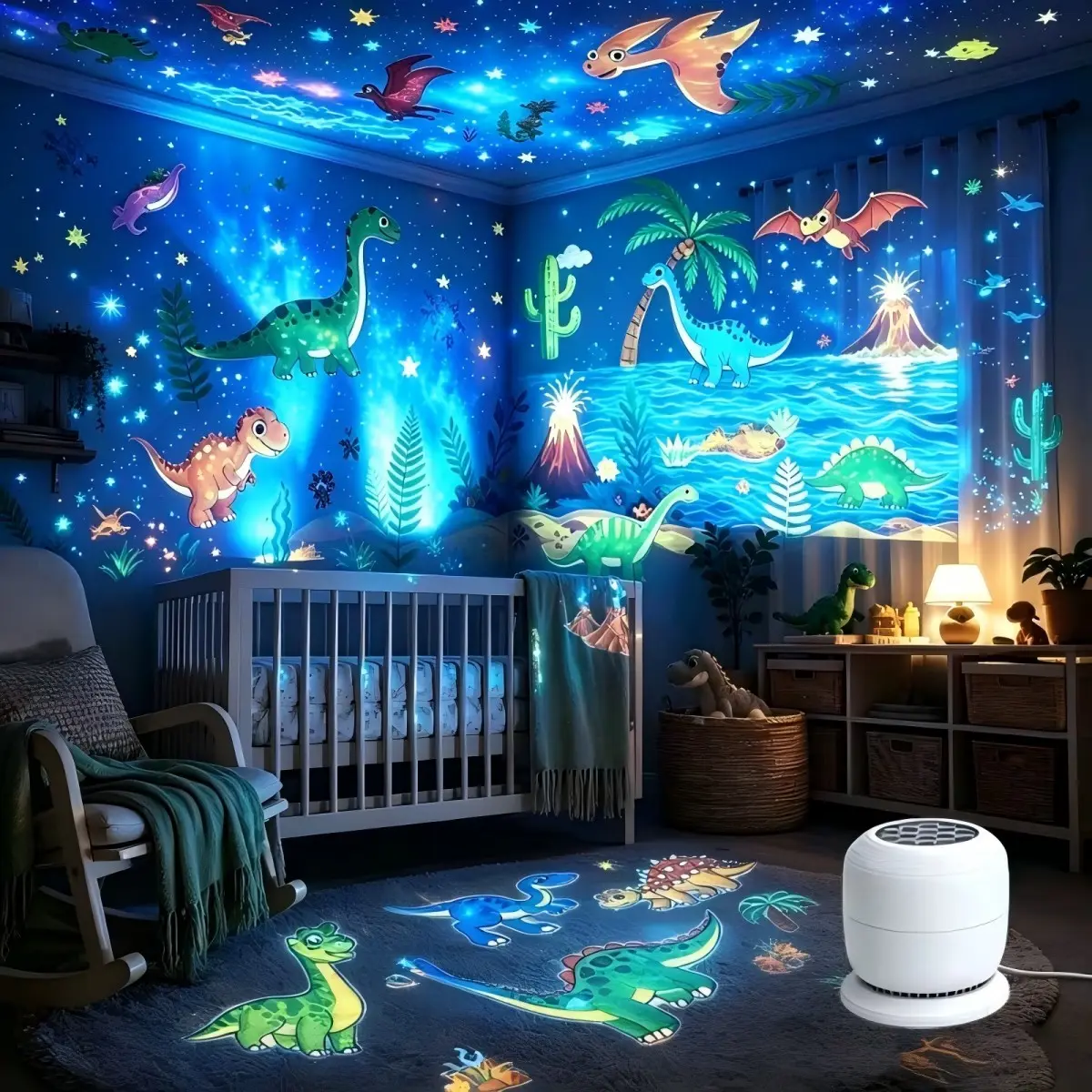 Mini 360° Rotating Night Light Projector, USB Jurassic Dinosaur Projection Lamp, Dinosaur Forest Elements, Bedroom Decor