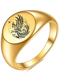 New 12mm Smooth Ring, Round 18k Gold Laser Engraved Phoenix Ring, Elegant Jewelry for Women, Unique Gift Idea