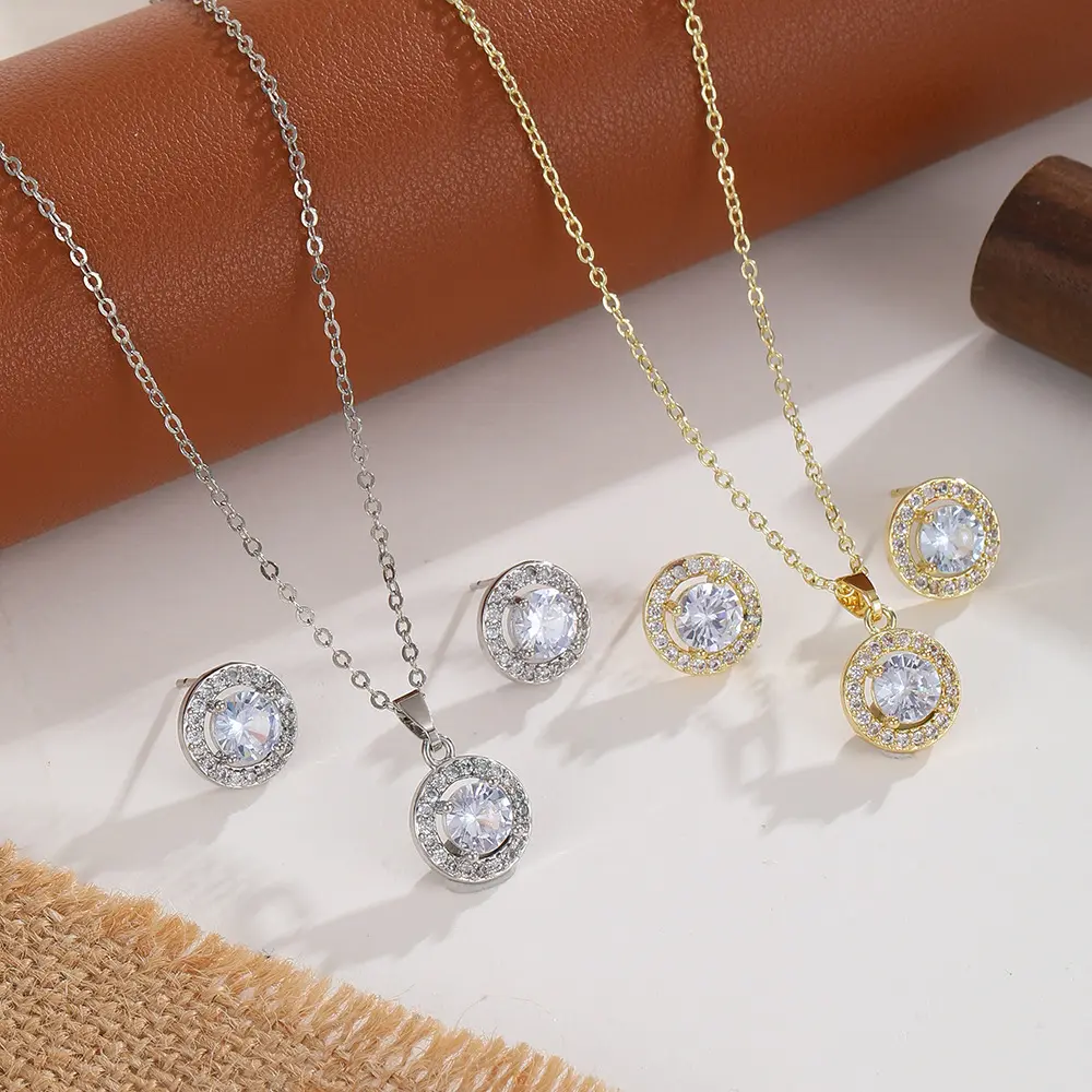 3pcs Halo Cubic Zirconia Jewelry Set - Round Cut Crystal Matching Necklace and Earrings for Women, Hypoallergenic Tarnish Free Bridal Prom Gift