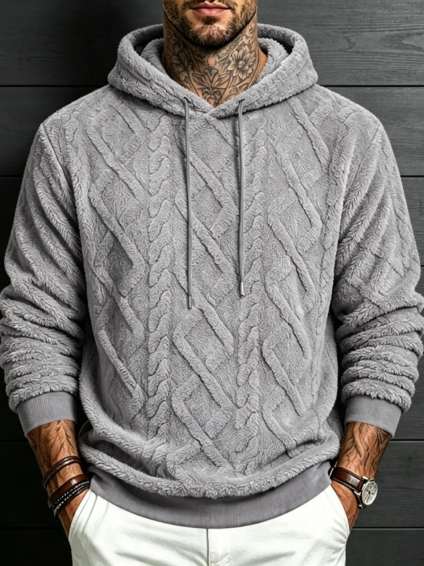 Men's American‑Style Fall Winter Loose Cozy Loungewear Heavyweight Warm Jacquard Fuzzy Plush Minimalist Hoodie Sweatshirt, Drawstring Hood Pullover Long Sleeve Top For Home Street Daily Wear, Multiple Colors Plus Sizes S‑3XL In Stock