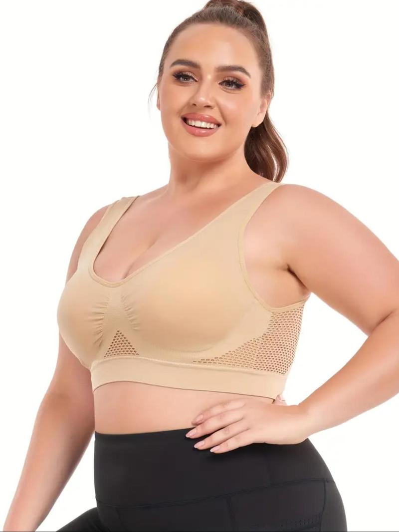 Plus Size Women's Plain Hollow Out Wireless Seamless Bra, No Padding,Breathable Comfortable Shockproof Bra for Daily Wear, Women's Lingerie for All Seasons