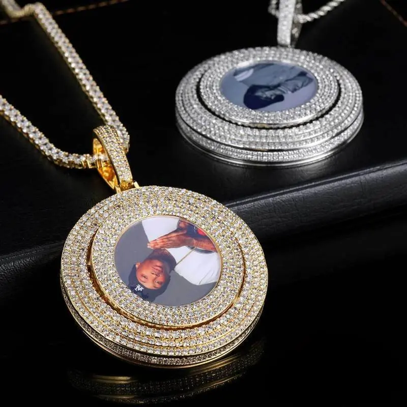 IH Custom Photo Pendant Necklace Rotating Round Picture Charm 18K Gold Plated Natural Sri Lanka Zircon Iced Out Hip Hop for Men Women