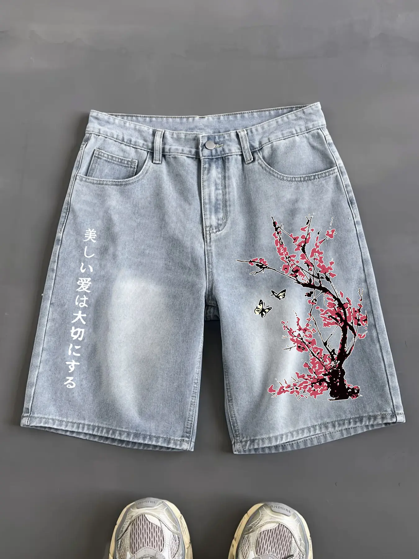 Men's Design Cherry Blossom Pattern Jeans Shorts, American High Street Trendy Mid-Length Pants, Unisex Streetwear Fashion