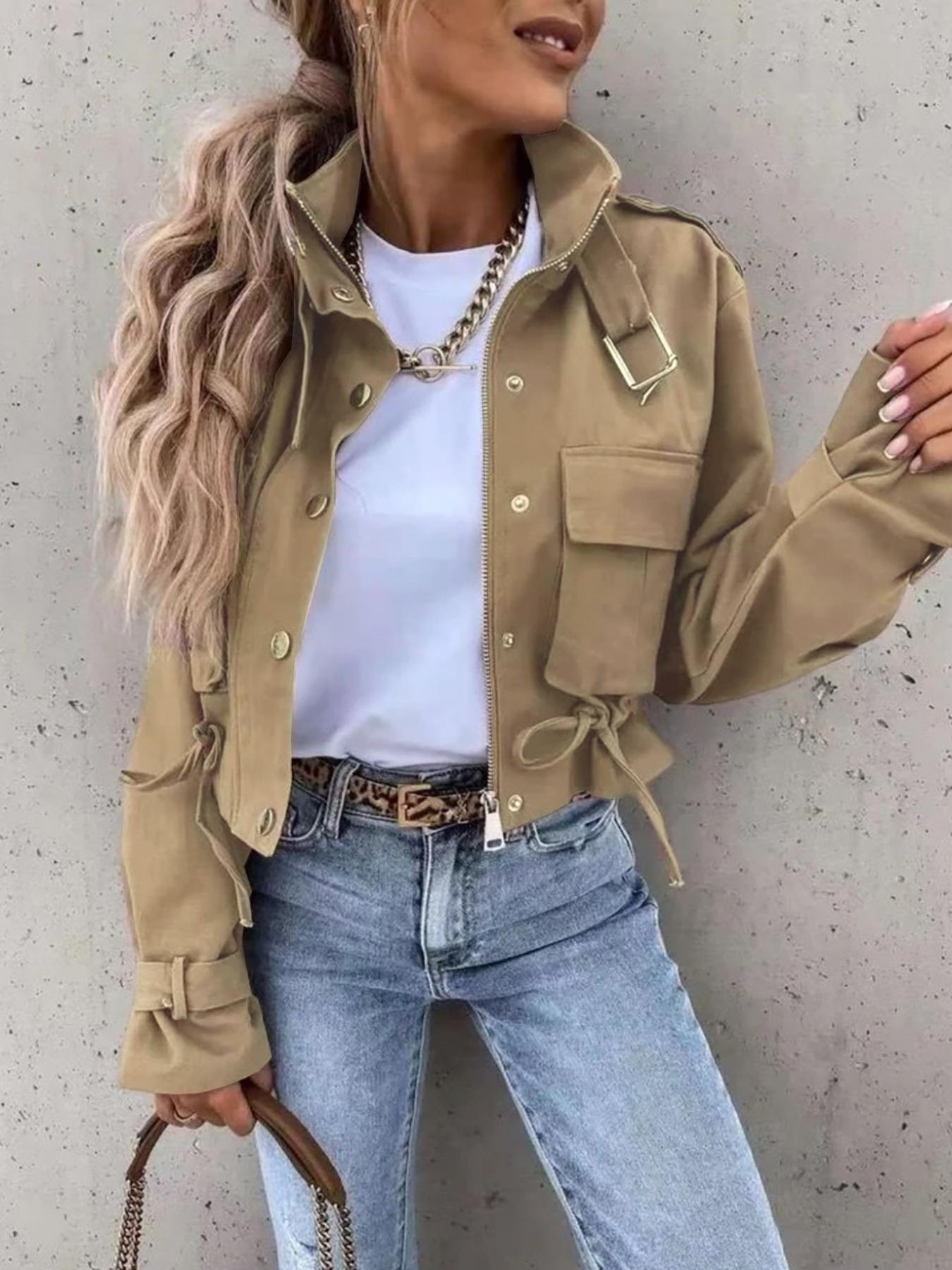 Women's Fall Casual Fitted Biker Jacket, Short Woven Coat with Pockets & Zipper, Long Sleeve Outerwear for Autumn Fashion