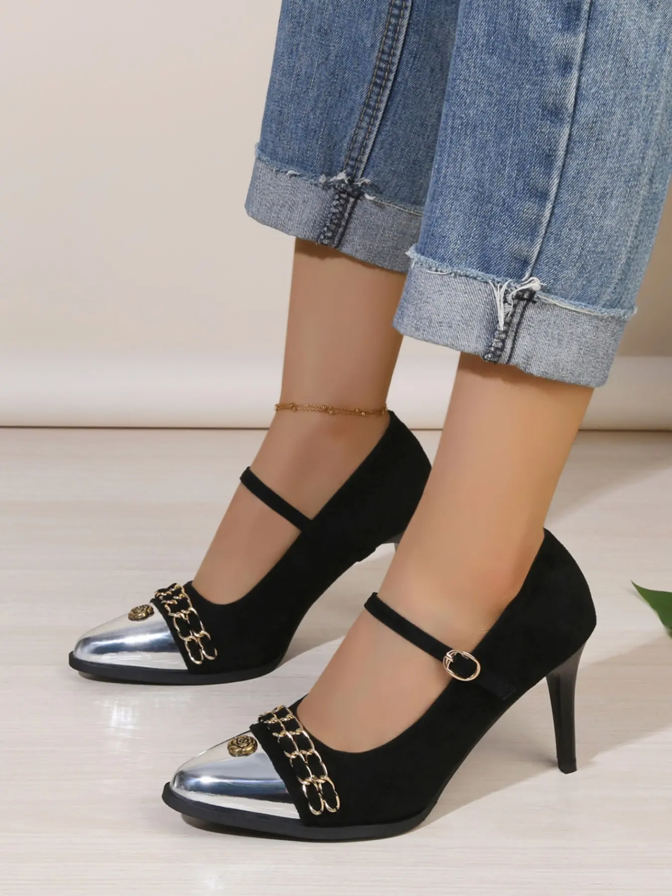 New Silver Head Metal Chain Rose Decor High Heel Shoes for Women, Adjustable Strap, Breathable, Comfortable, Fashionable Casual Shoes