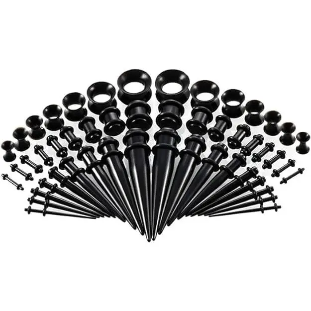 JJLFresheners 50Pcs Black Pieces Ear Stretching Kit, Acrylic Tapers Plugs and Silicone Tunnels, Ear Gauges Expander Set Body Piercing Jewelry for Women Men Christmas Birthday Gifts Piercing Jewelry