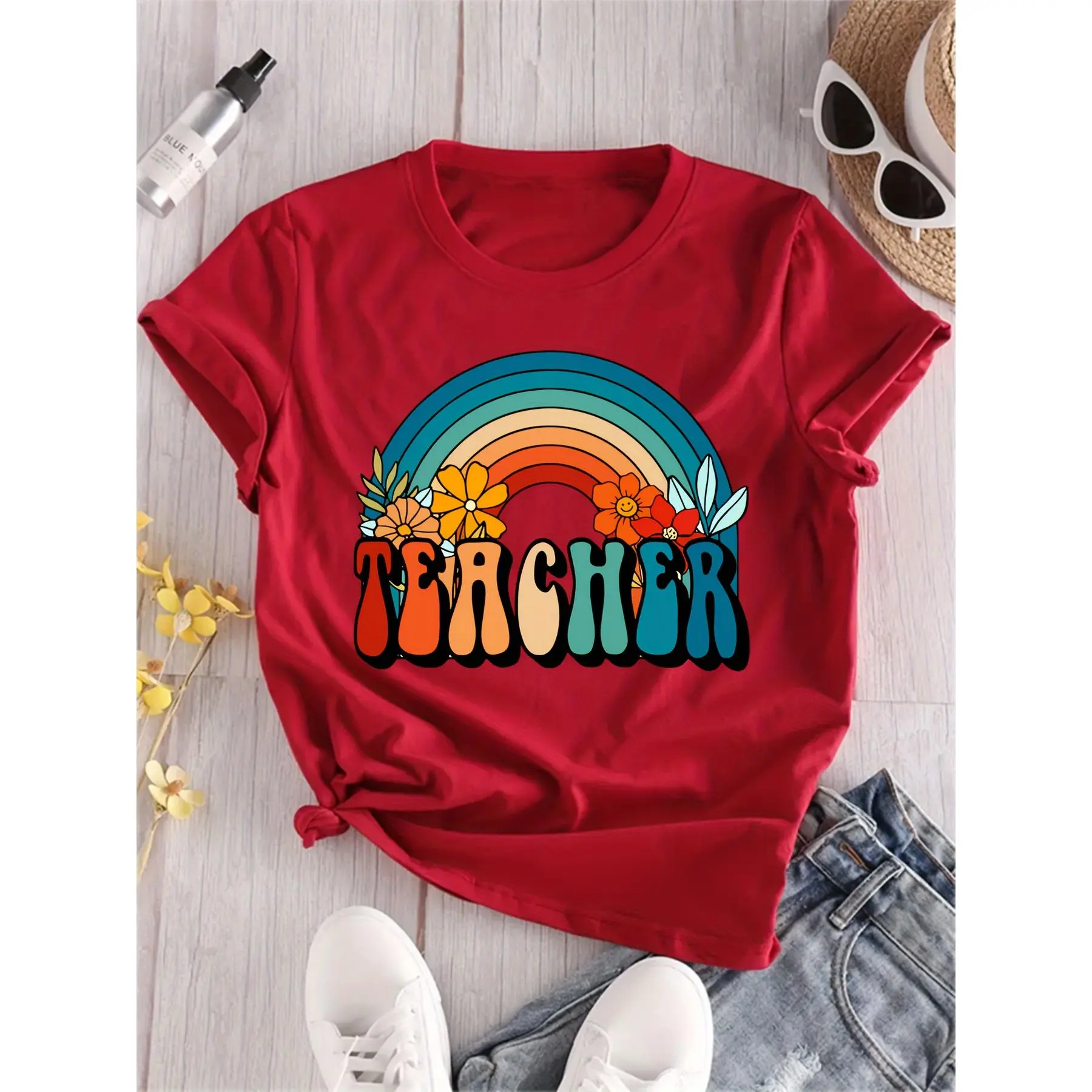 Plus Size, Short Sleeve Rainbow TEACHER Print Plus Size Crew Neck T-Shirt