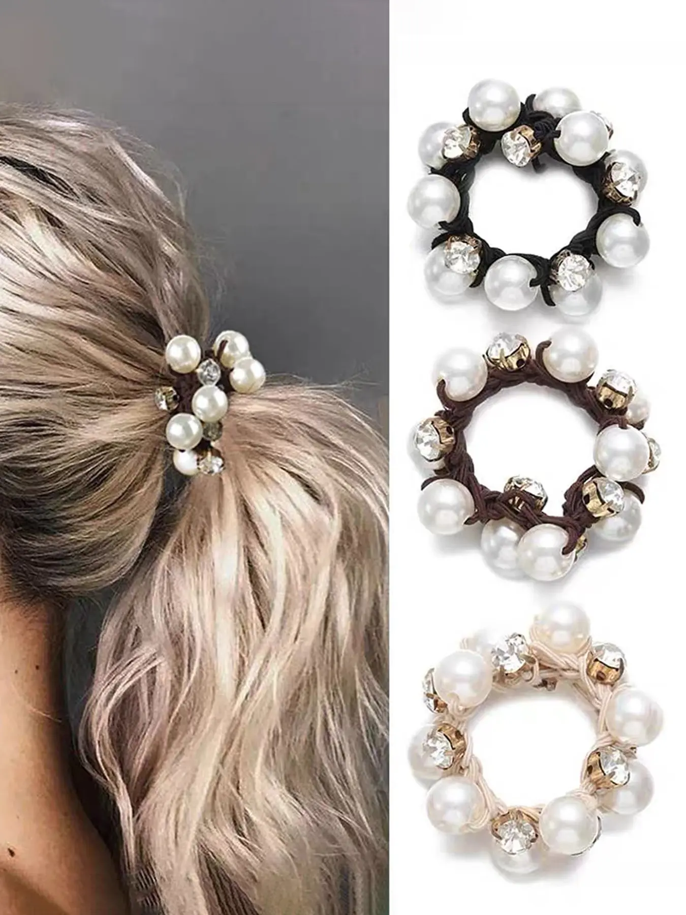 3pcs Women's Elegant Rhinestone Pearl Hairbands, High Elasticity, Versatile Ponytail Holders, All-Season Fashionable Hair Accessories
