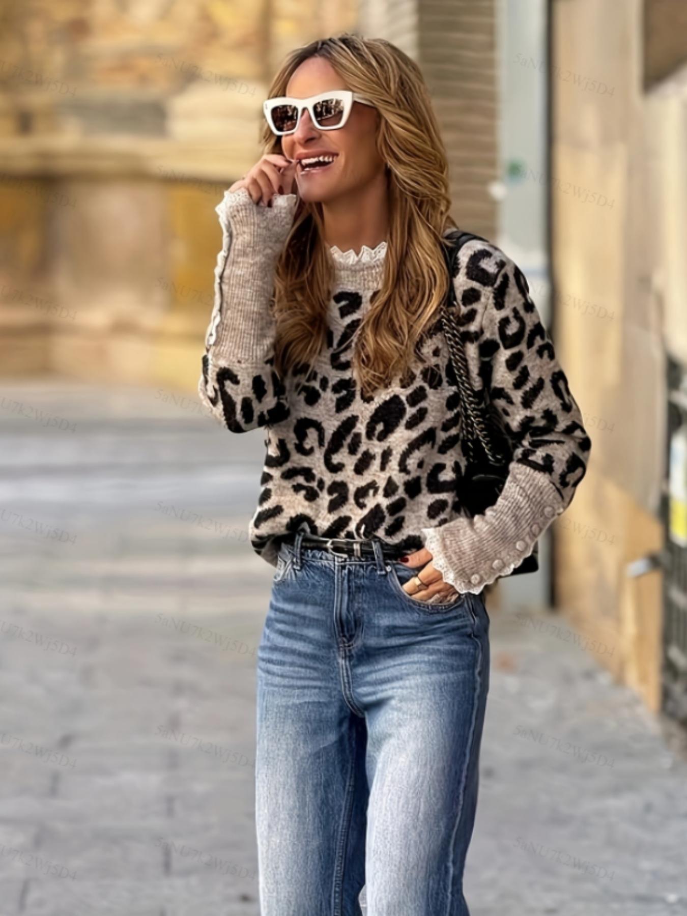 Women's Leopard Print Sweater Pullover, Casual Long Sleeve Jumper for Fall & Winter, Fashion Ladies' Knitwear for Daily Wear