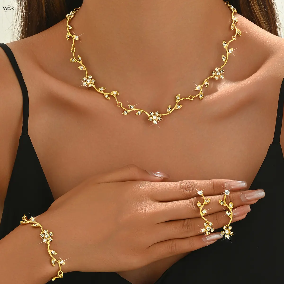 3Pcs Plated Alloy Delicate Vines Flower Jewelry Set with Adjustable Chains, Extendable Bangle, Crystal Accents - 42cm+7cm Necklace, 16cm+5cm Bangle, Drop Earrings, 3 Colors (Gold,Silver,Black) for Bridal Event Gift, Refined Look