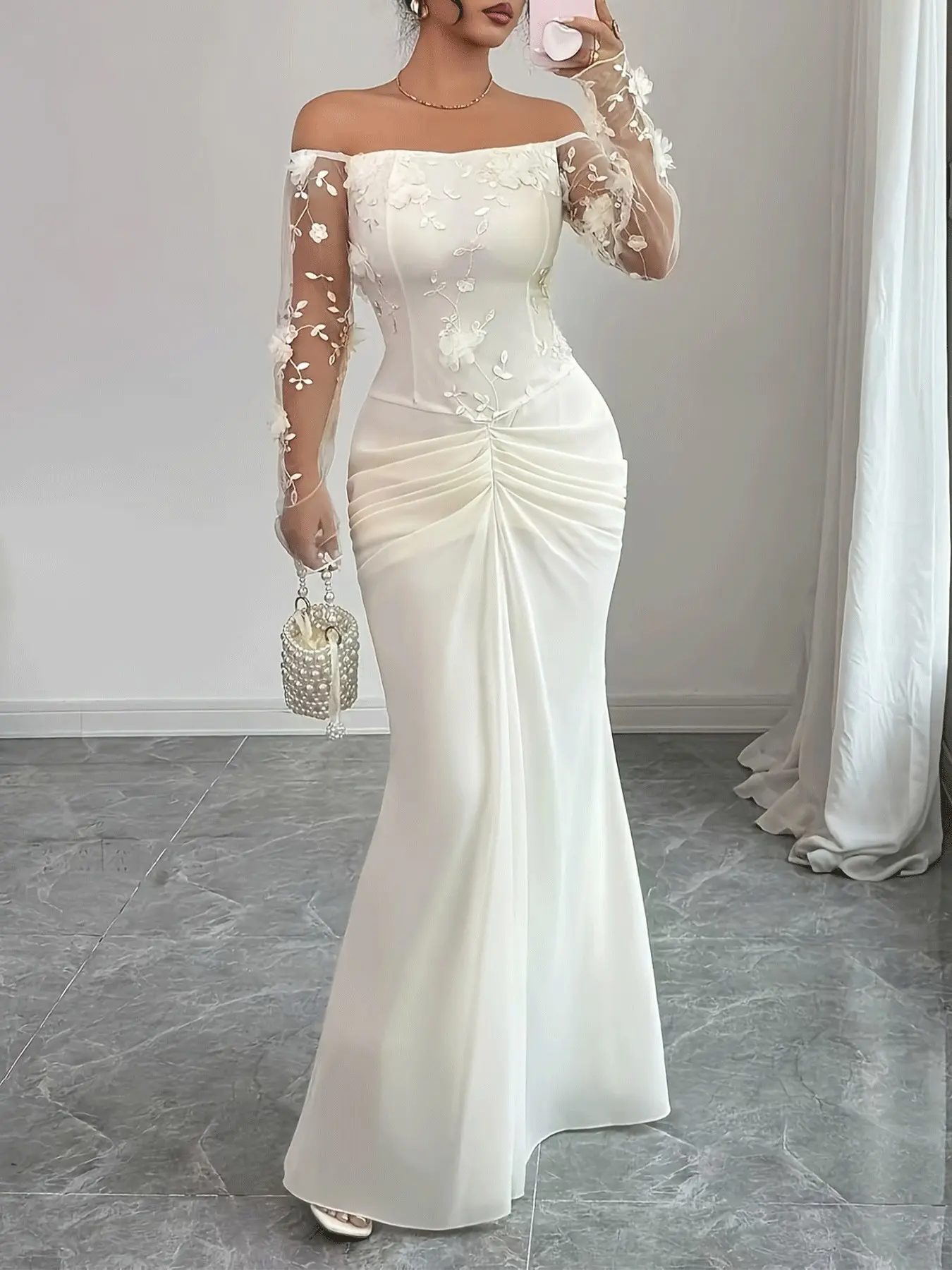 Off-Shoulder Long Sleeve Fish Tail Dress for Women, 3D Flower Mesh Sleeves, Ruched Waist Floor-Length Gown, Wedding Evening Wear
