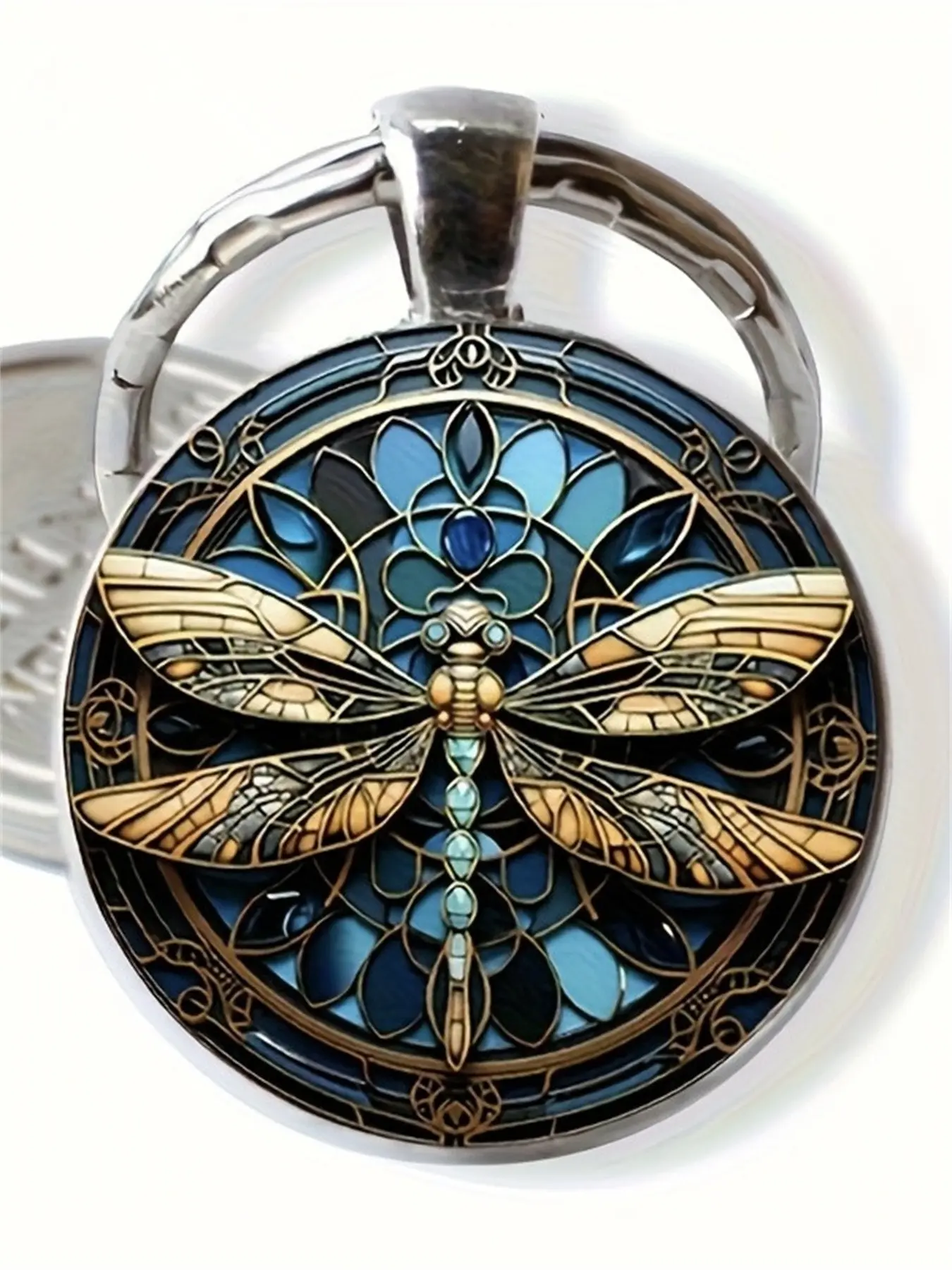 1 PC Fashion DIY Zinc Alloy Keychain, Bohemian Dragonfly Mandala pattern Glass Keyring, Unisex Gift for Home, Birthday, Wedding, Christmas, Graduation