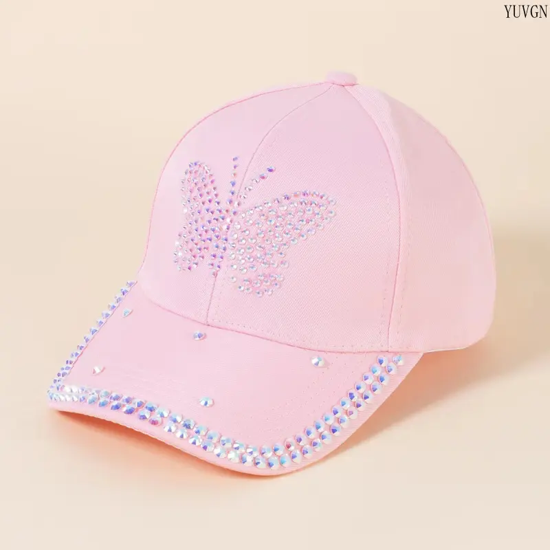 Rhinestone Butterfly Baseball Cap with Sparkly Trim, Adjustable Unisex Street Look Headwear for Party & Travel, Adjustable Size, Butterfly Motif, Unisex Wear