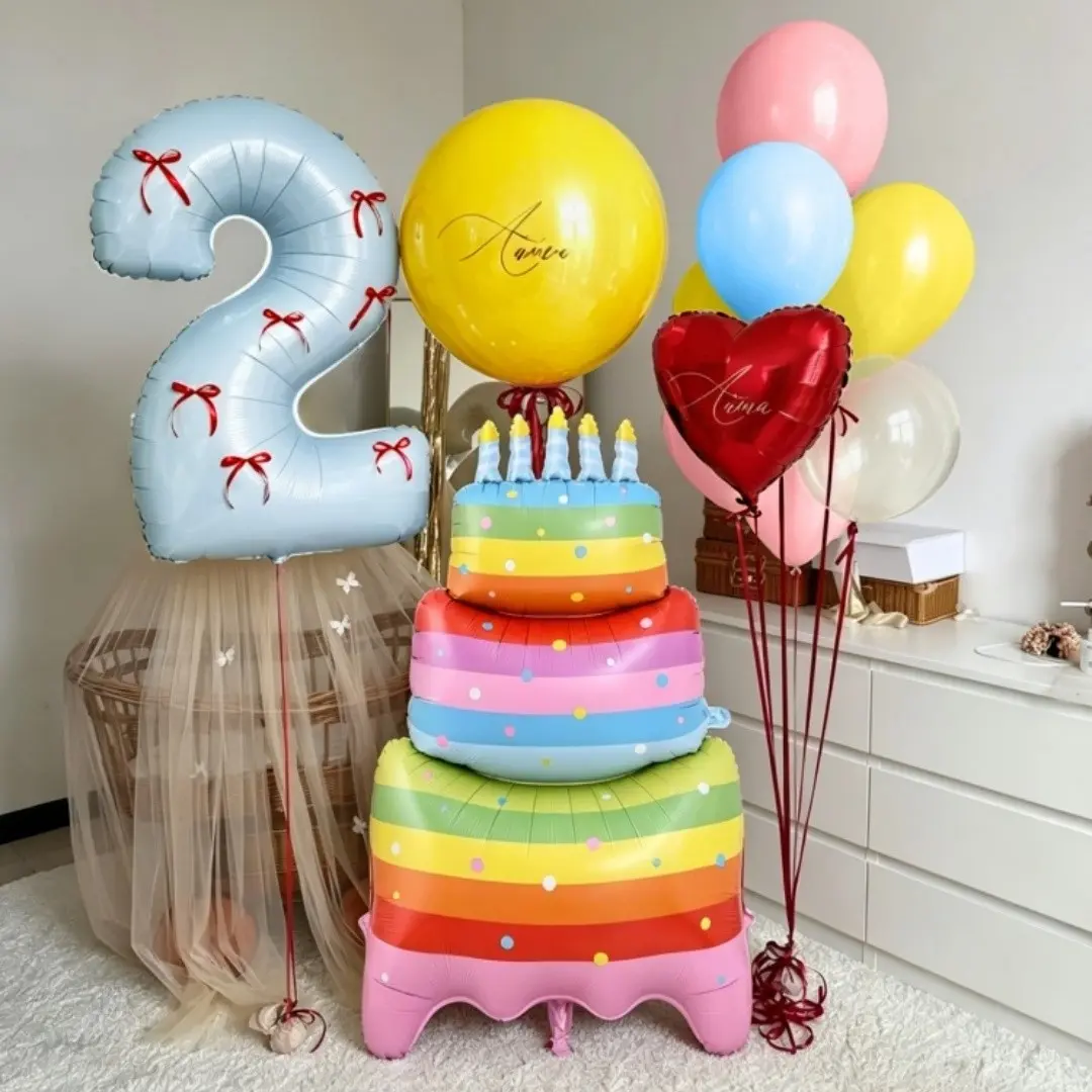 Three-Layer Rainbow Cake Balloon Set with Blue Number Balloons, Perfect for Kids' Birthday Party Decorations, Fun and Festive Supplies