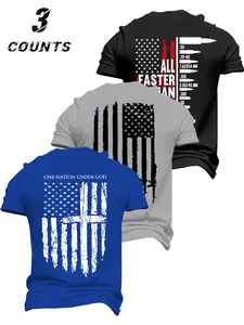 American Vintage Patriotic Flag Print T-Shirt Set, Summer Elastic Slim Fit Short Sleeve, Men's Outdoor Street Fitness Top