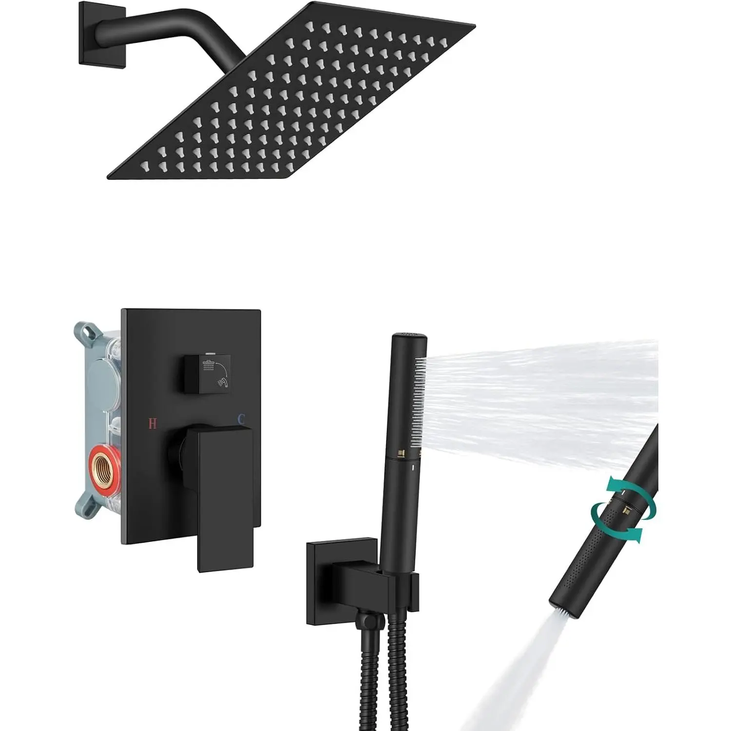 Shower System with Rain  and Handheld,8-Inch,Matte Black | High- Shower Faucet Set with -Function Handheld,Rough-In Valve,1.8 GPM,Wall-Mount Trim Kit