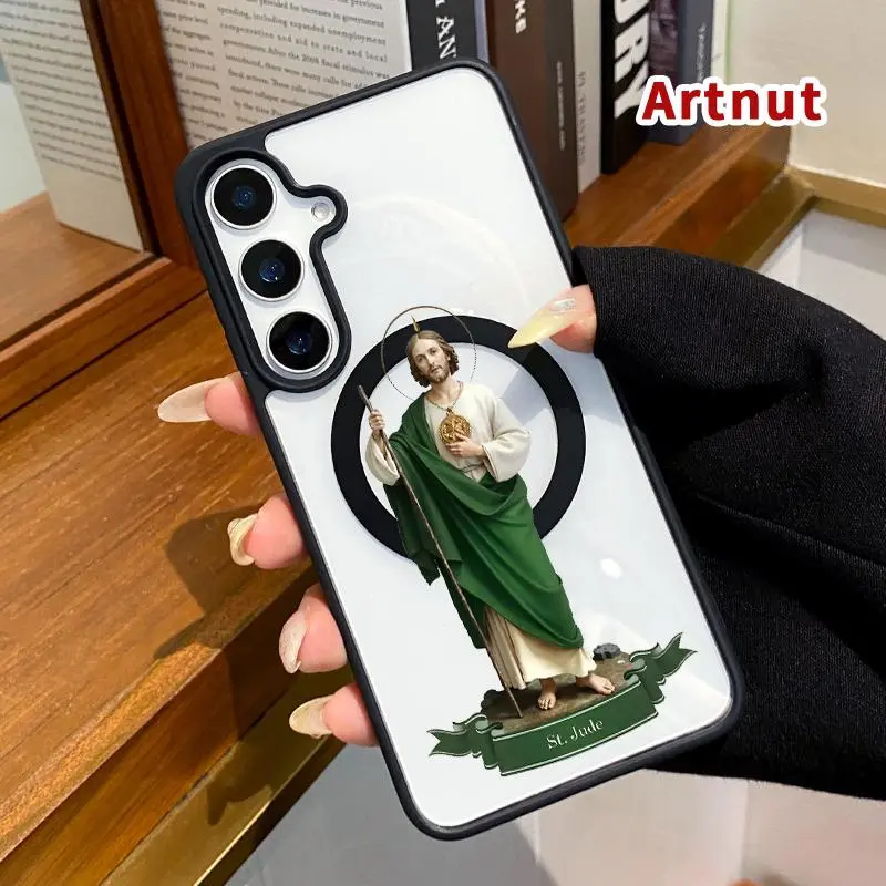 Shockproof Wireless Magnetic Transparent Acrylic Hard Phone Case for Boys - Saint Jude Statue Pattern, 4-Corner Airbag, Fingerprint Accessible, Durable Protective Cover for Samsung Galaxy S22+ FE S23 Ultra S24 Plus S25 Edge S26 Handheld Devices