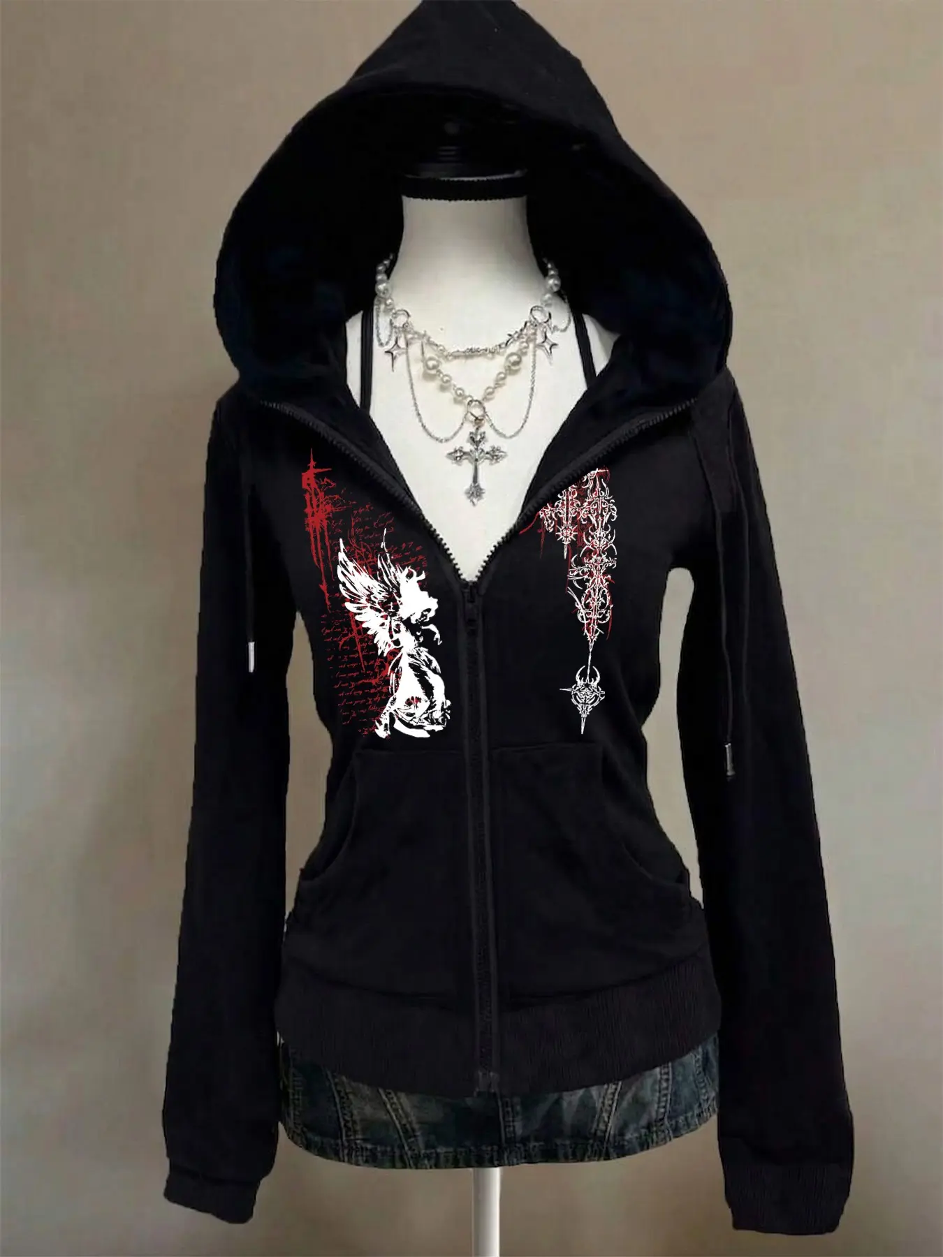 Zipper Hooded Jacket, Slim Fit Angel Cross Gothic Print, Casual Long Sleeve Pullover, Fall & Winter Fashion, Daily Wear, Bar