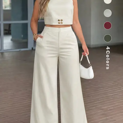 Spring Summer Womenswear Clothes Two Piece Set for Women, Cropped Sleeveless Top and High Waist Wide Leg Pants with, Chic Casual Outfit for Vacation, Brunch and Day to Night Wear, Trousers Set