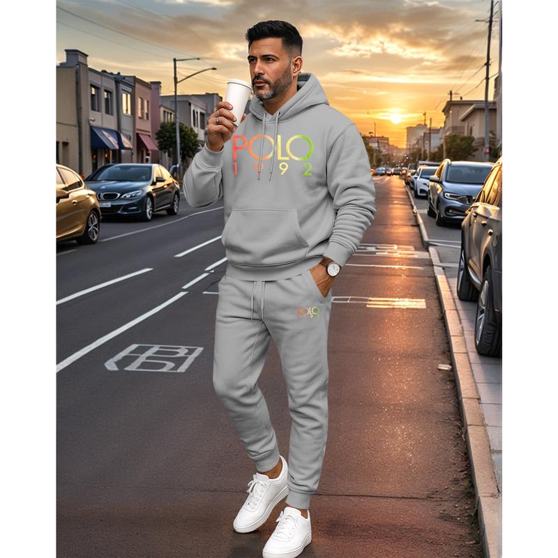 Men's Polo Pattern Print Hoodie and Drawstring Sweatpants Set, Menswear, Casual Athletic Long Sleeve Hooded Jacket & Trousers for Fall & Winter, Men's Clothing for Daily Wear, Sportswear Indoor Outdoor, Tracksuit, Athleisure