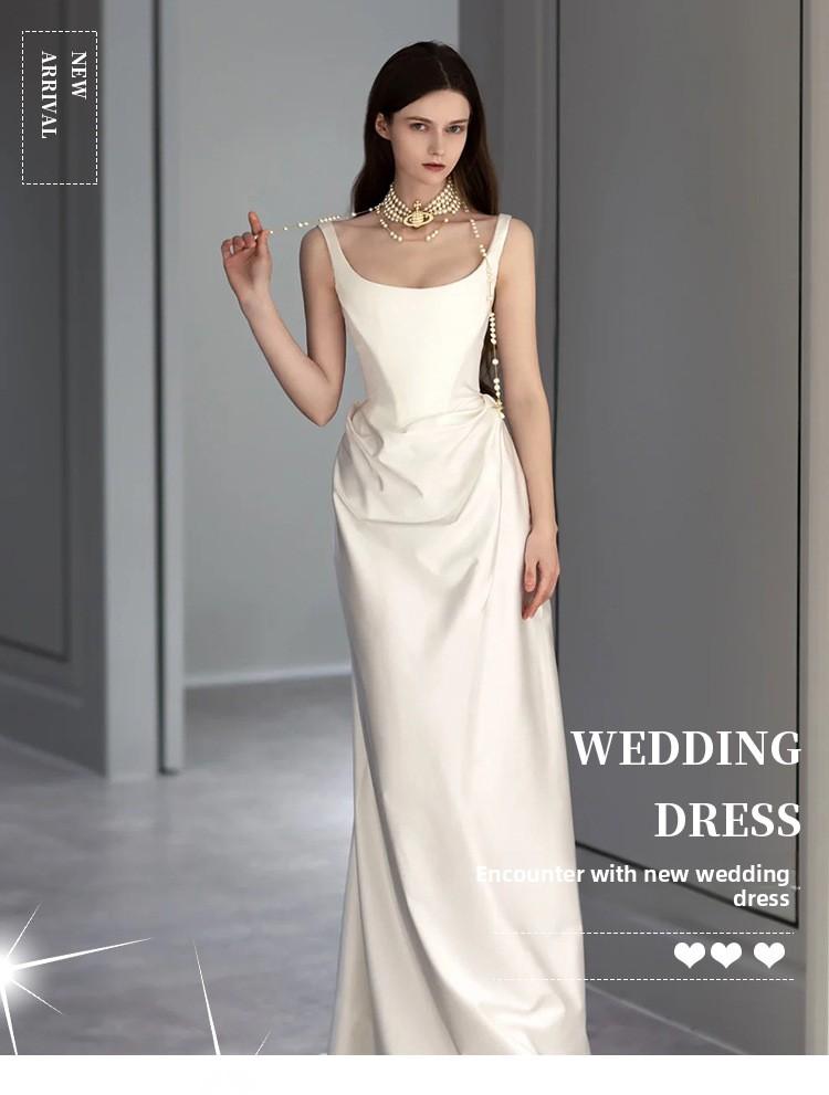 Satin Light Wedding Dress 2026 – Vintage Simple Spaghetti Strap Departure Gown, Small Train Bridal Evening Dress