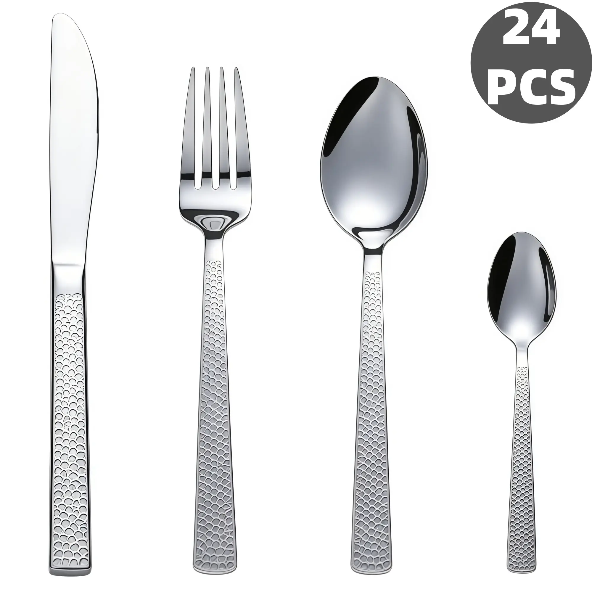 24-Piece Scale Hammered Handle Stainless Steel Flatware Set, Premium Mirror Polished Cutlery, Durable Rust Resistant, Perfect for Daily Dining, Parties, Camping & Holiday Presents