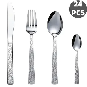 24-Piece Scale Hammered Handle Stainless Steel Flatware Set, Premium Mirror Polished Cutlery, Durable Rust Resistant, Perfect for Daily Dining, Parties, Camping & Holiday Presents