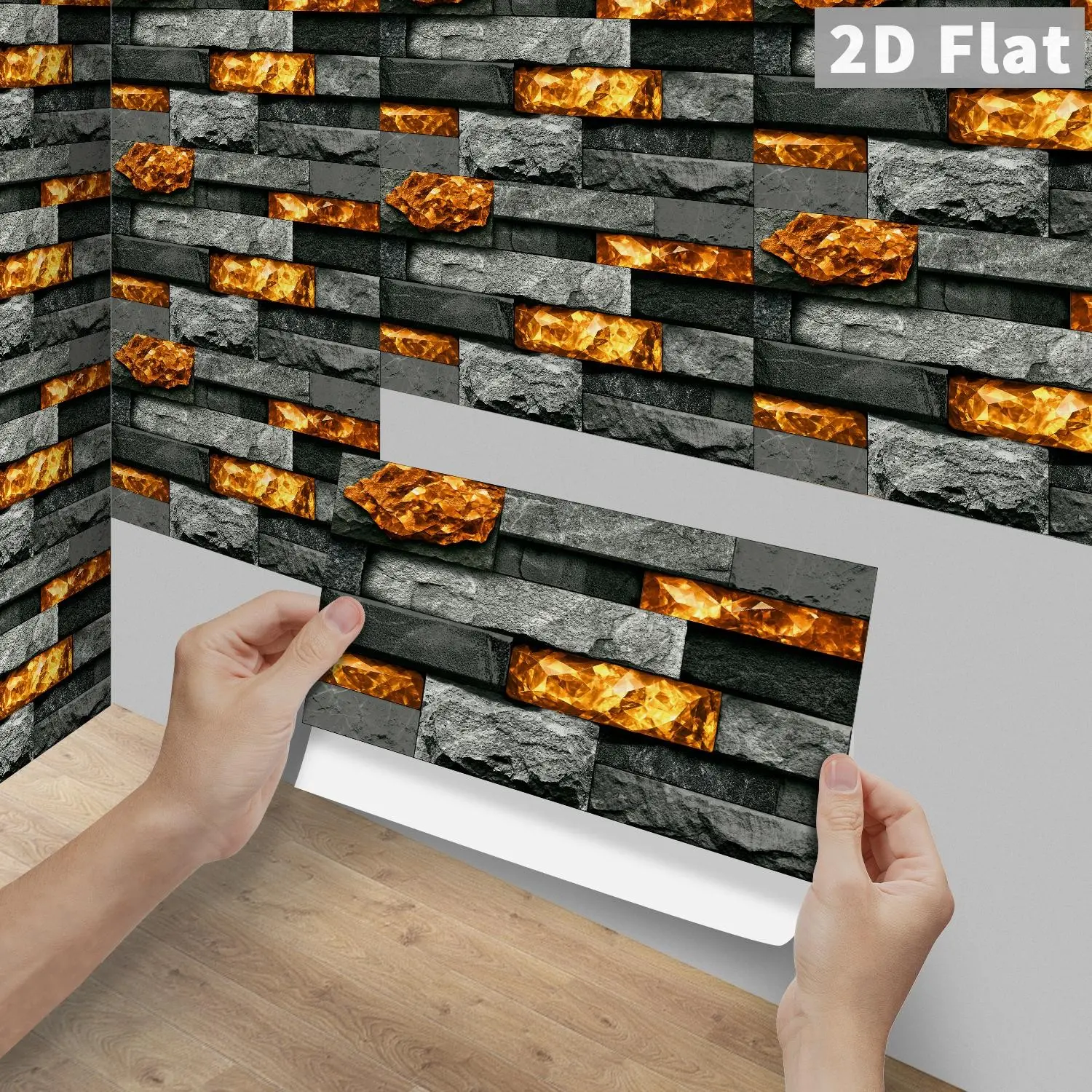 6/12/24/48PCS FG Crystal PVC Peel & Stick Tiles, Vintage Grey Black Golden Orange Crystal Culture Stone Long Strip Backsplash, Waterproof Oil-Proof Self-Adhesive Rectangle Decals For Kitchen, Bathroom, Old Tiles & Wood Panels Home Decor