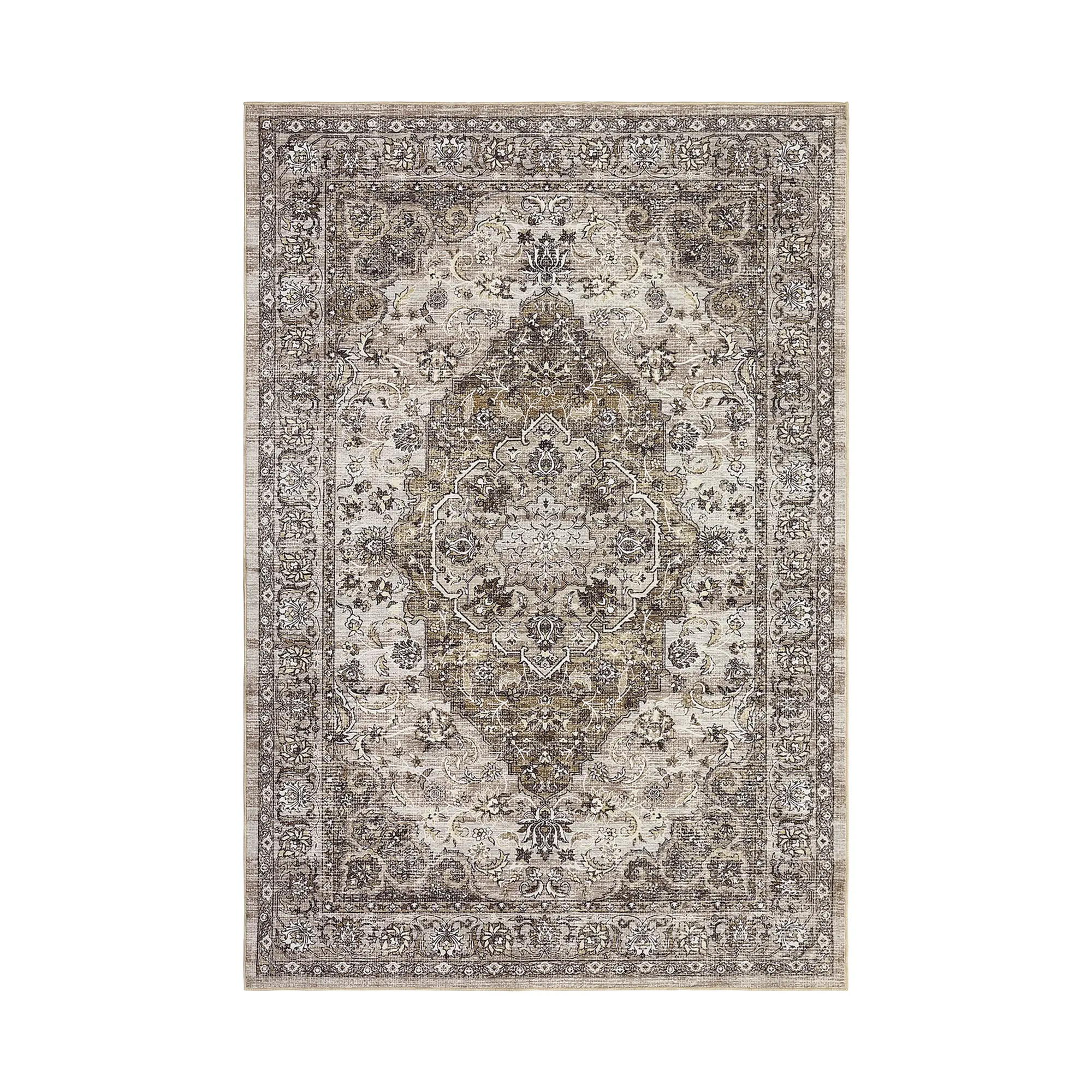 Washable Vintage Area Rug for Living Room, Bedroom, Nursery, or Dining Room - Soft, Non-Shedding, Mark Resistant - Distressed Green Floral Carpet - Large Indoor Home Decor Rug