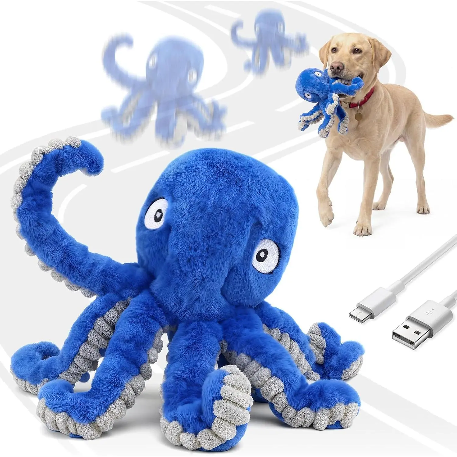 Interactive  Octopus , Upgrade Automatic 1.5H Jumping Ball with Motion Activation for Small Large Dogs, 2 in 1 Rechargeable Move & Tug Plush  Pets Keep Busy, No  (Blue Crinkle)