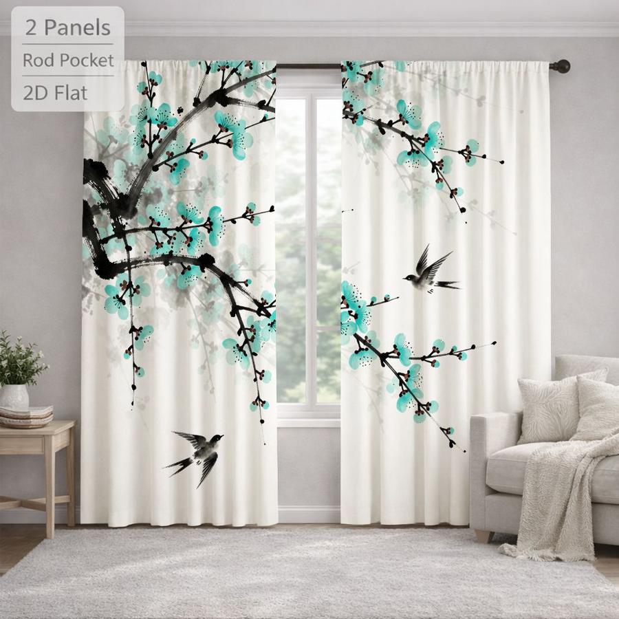 2Pcs Chinese Style Plum Blossom & Bird Pattern Decorative Sun Blocking Curtains Digital Printed Rod Pocket, Window Treatment For Bedroom Office Kitchen Living Room Study Home Decor