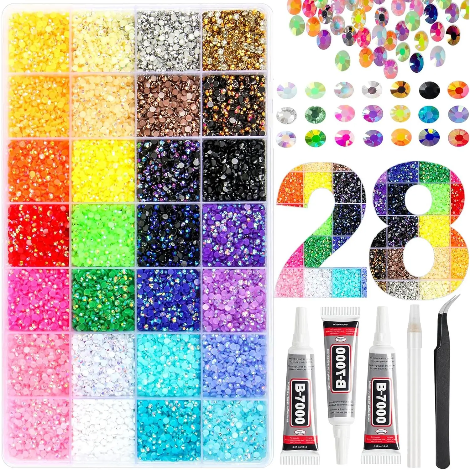 40000Pcs Resin Jelly Rhinestones for Bedazzling Kit, 28 Colors 3mm Flatback Gems for Diamond Art, Bedazzler Kit with 3Pcs 10ml B7000 Jewelry Glue for Crafting Crafts Book Shoes Nail Art