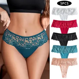 Women's 5-Pcs Mid-Waist Trim Lace Knickers - Soft Breathable Fitted Sport Underwear for Outdoor Activities, Soft Breathable Knicker