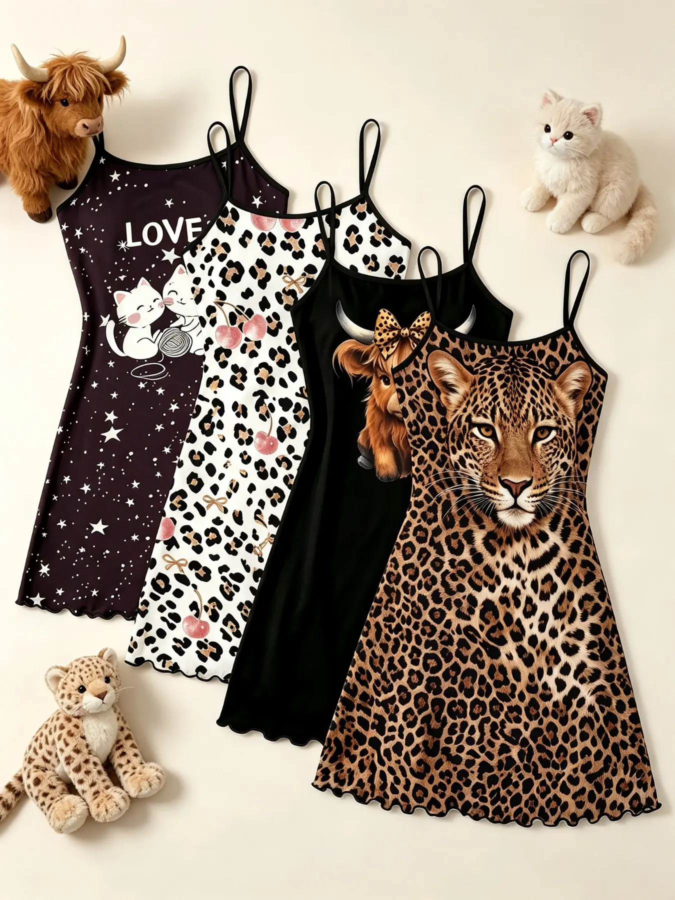 4-Piece Upgraded Women's Nightgowns Set Y2K Edgy Aesthetic Leopard Cheetah Cat Cherry Print Summer Spaghetti Strap Sleeveless Lettuce Hem Soft Silky Girly Relaxed Fit Sleepwear Nightdress Loungewear Novelty Nightwear for Cozy Home Daily Wear