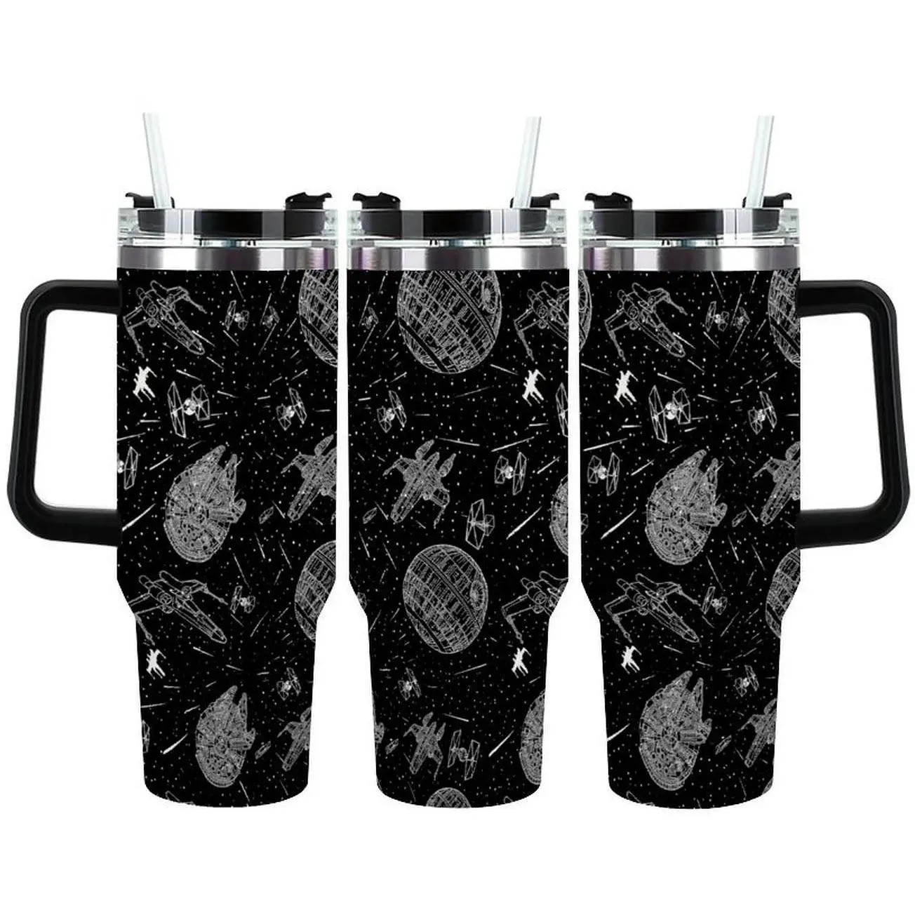 Spaceship Line Art Tumbler, Millennium Falcon Death Star Design, Insulated Stainless Steel Travel Cup for Sci Fi Fans