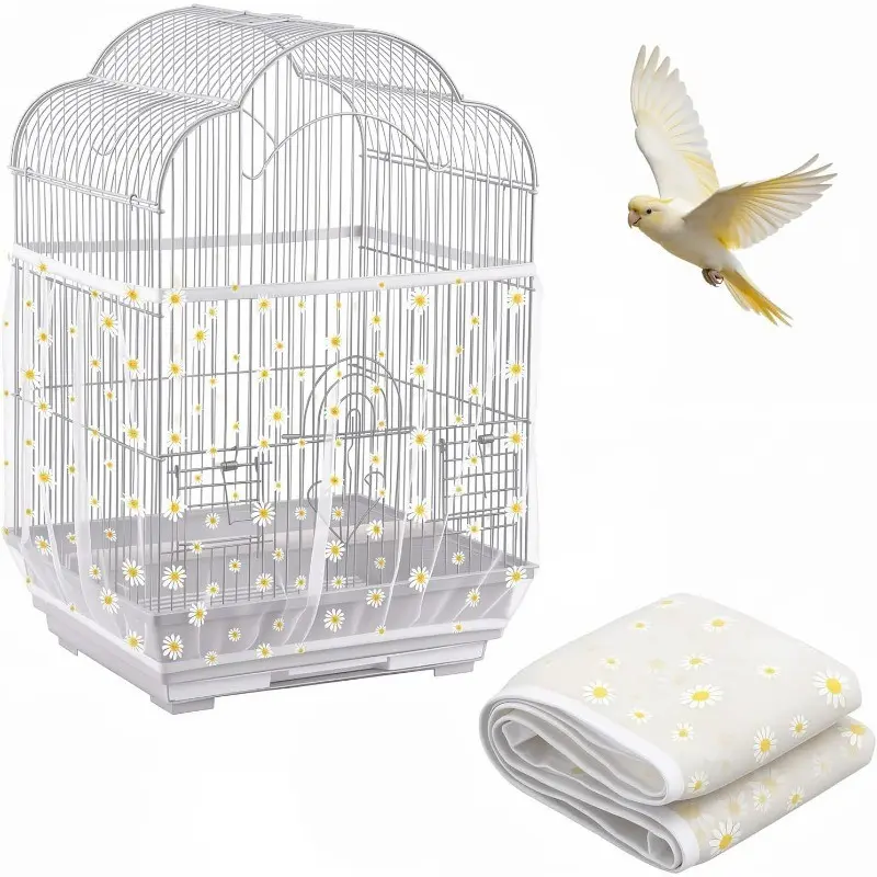 Bird Cage Seed Catcher, Universal Bird Cage Seed Protector, Adjustable Parrot Net Cover for Round Square Cages, Daisy, Bird Cage Accessory