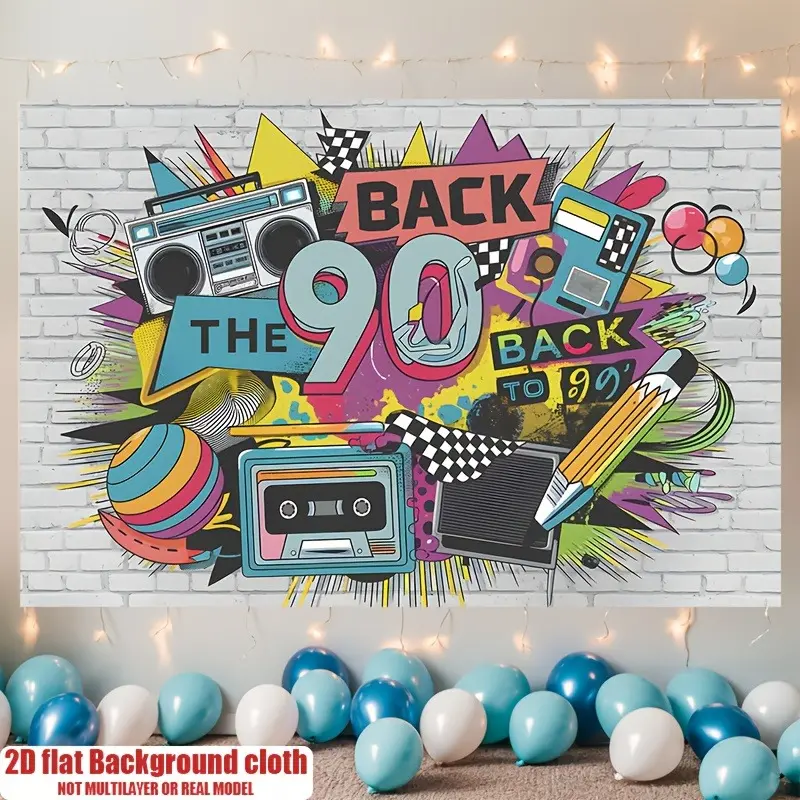 2D Flat Retro 90s Party Banner | Colorful Vintage Hip-Hop Graffiti Backdrop for Birthday Parties, DJ Events, Photo Booths, Game Rooms & Home Wall Decor | Single-Sided Polyester | Metal Grommets for Easy Hanging