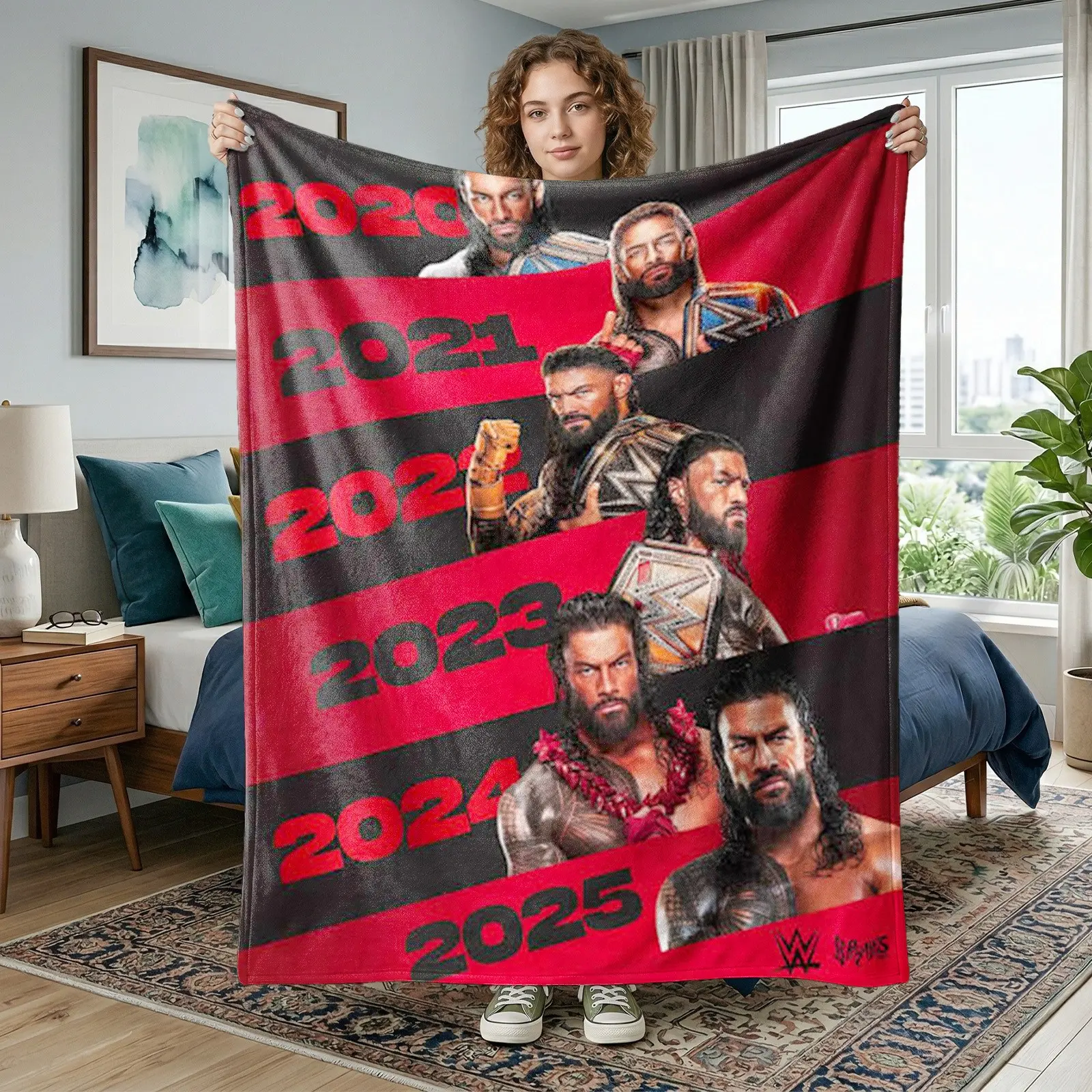 1pc Black Red Contrast WWE Roman Reigns Wrestler Timeline Flannel Blanket, Woven Blanket, full printed with Roman Reigns portraits of each year, 2020-2025 year numbers, world championship belt, Samoan red flower lei, black red diagonal stripes
