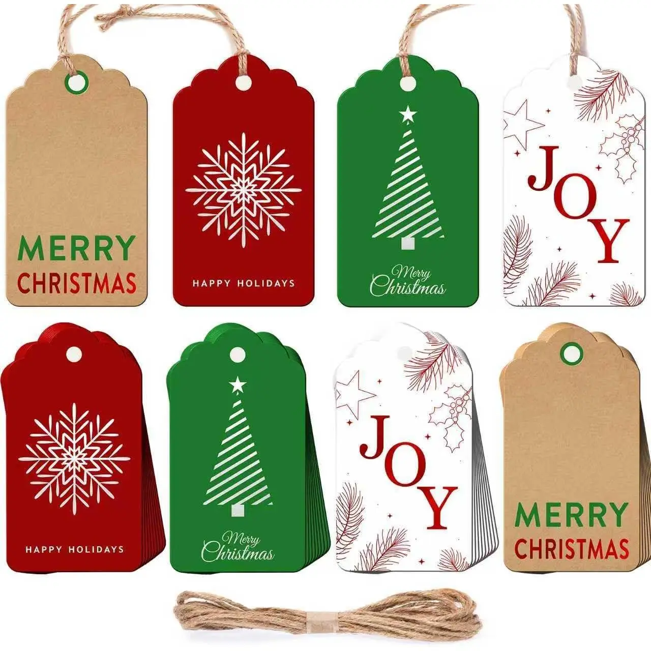 Christmas  Tags - 48-Pack  Paper Labels with  String, Christmas Name Stickers Featuring Snowflake, Tree, Joy Motifs for Personalizing Holiday Presents
