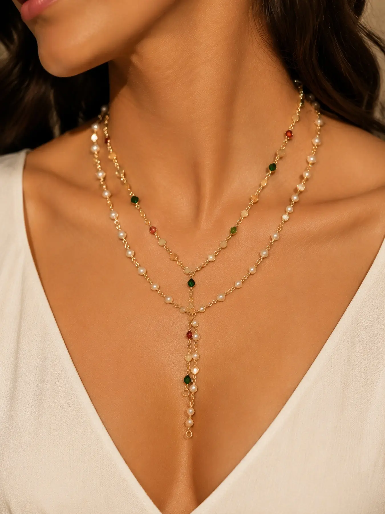 2PCS Pearl Layered Necklace Set for Women, Colorful Gemstone Charm Chain Necklace, Elegant Gold Jewelry Gift for Her