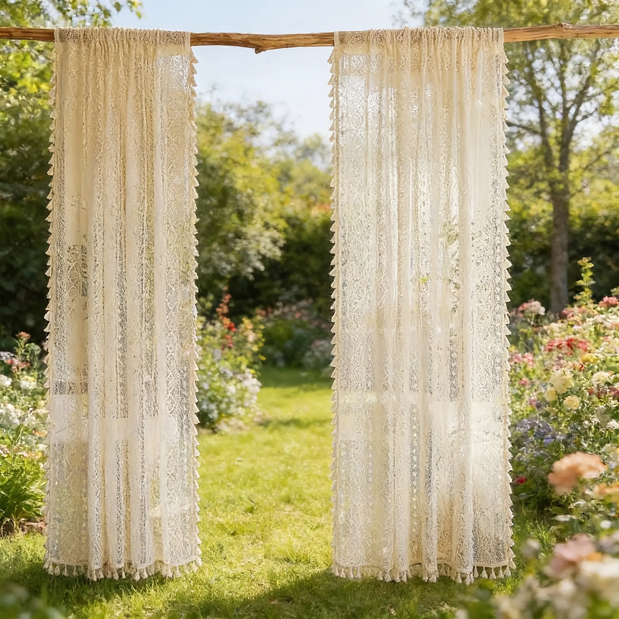 2pcs Set, Outdoor Bohemian Style Sun Sheer Curtains for Patio, Featuring Chic Matching Lace Trim, Lightweight and Cost-Effective Fabric, Breathable and Airy, Perfect for Spring and Summer Seasons, Ideal for Home Patios, Gazebos, Balconies