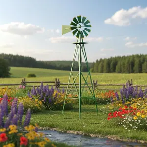 8ft Green Windmill with Weather Vane, 4-Legged Standing Rotatable Iron Windmill