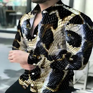 Men's Snake Print Long Sleeve Shirt - Menswear Fashionable Casual Top with Mixed Colors Patchwork Design, Polyester Outerwear