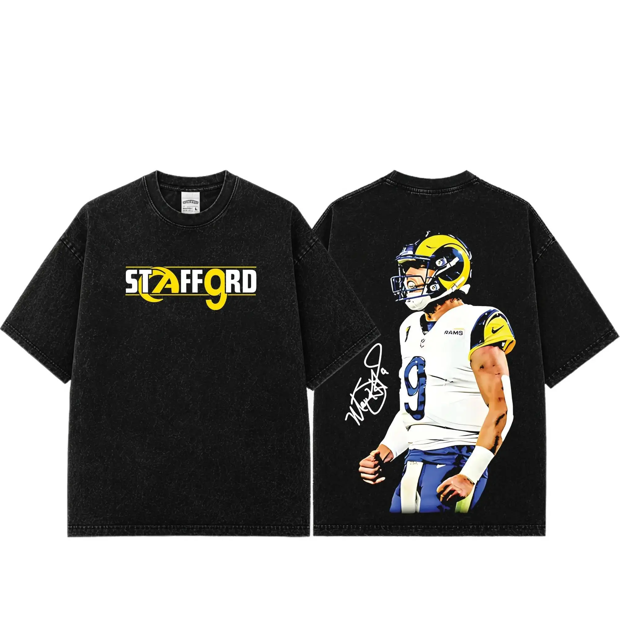 [Sale Up To 50%] Unisex Matthew Stafford # 9 Premium Acid Washed Cotton T-Shirt, Heavyweight Vintage Football Graphic Tee, The Comeback Kid Rams Fan Shirt, Oversized Washed Streetwear, Game Day Football Apparel, Unisex Football Gift