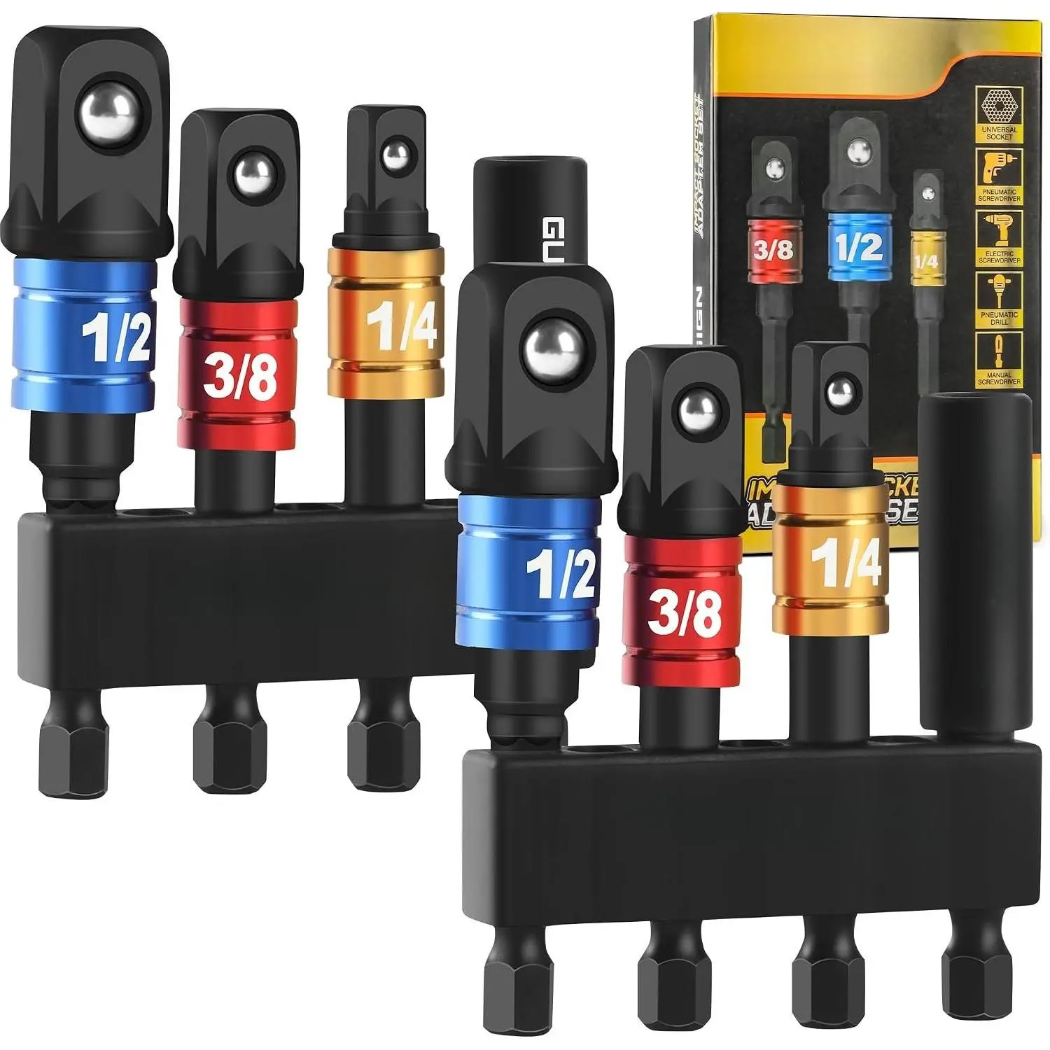 8-  Socket Adapter Set for Drill, 1/4" 3/8" 1/2" Hex Shank  Driver Socket Adapter, Socket to Drill Adapter